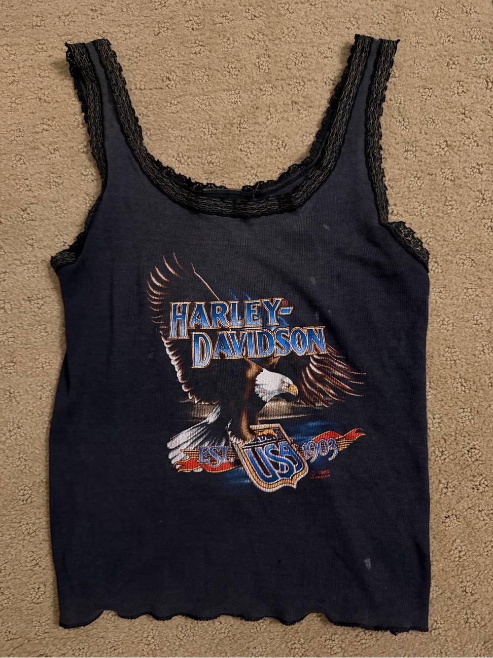 Authentic Vintage 1985 Harley Davidson 3D Emblem Eagle Lace Cami Tank Top